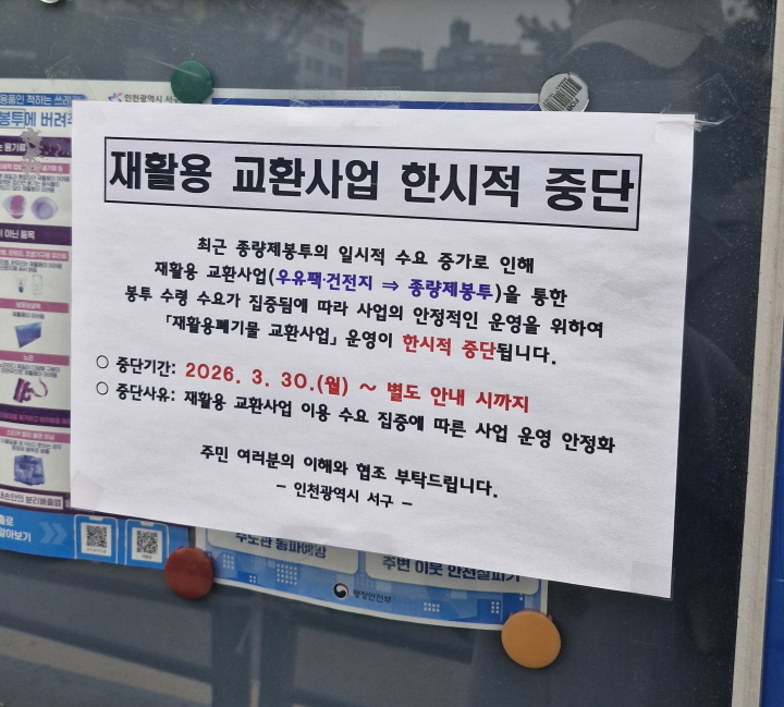 동네 행정복지센터에서도 재활용 교환사업을 한시적으로 중단한다는 게시물을 붙여놨다.(본인 촬영)