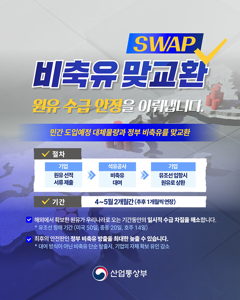 비축유 맞교환(SWAP) 원유 수급 안정을 이뤄냅니다 하단내용 참조