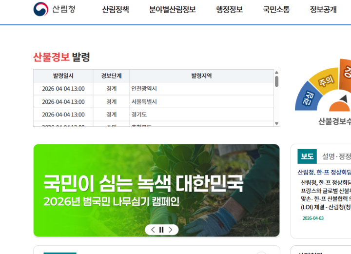 산림청 누리집 첫화면