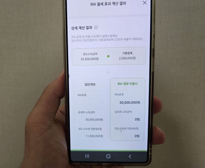 증권사 앱을 통해 RIA를 통한 매도 시뮬레이션을 진행해봤다. 최대 금액 혜택을 받은 경우 기존 계좌 대비 1,100만 원의 세제 혜택을 받을 수 있다.
