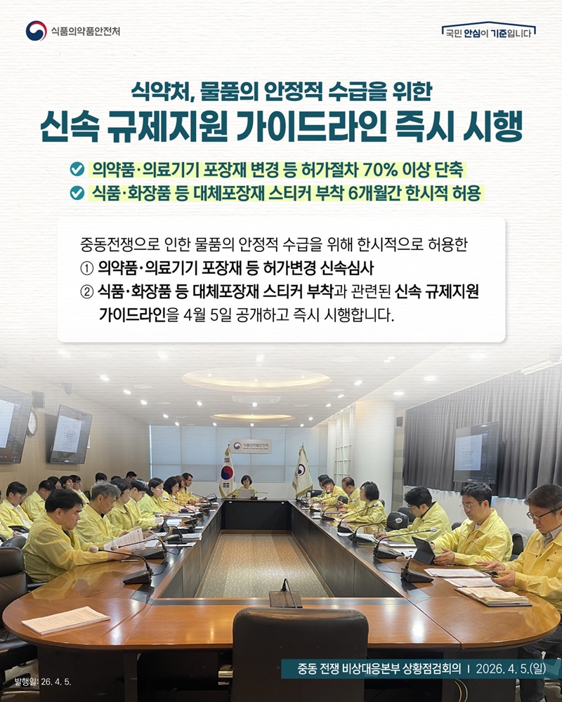 물품의 안정적 수급을 위한 신속 규제지원 가이드라인 즉시 시행 하단내용 참조