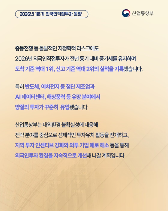 1분기 외국인직접투자 역대 1위(도착 기준)