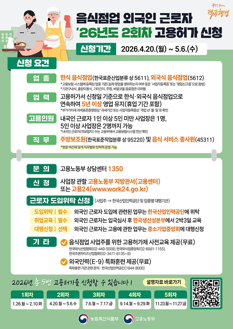 음식점업 외국인 근로자 '26년도 2회차 고용허가 신청 하단내용 참조