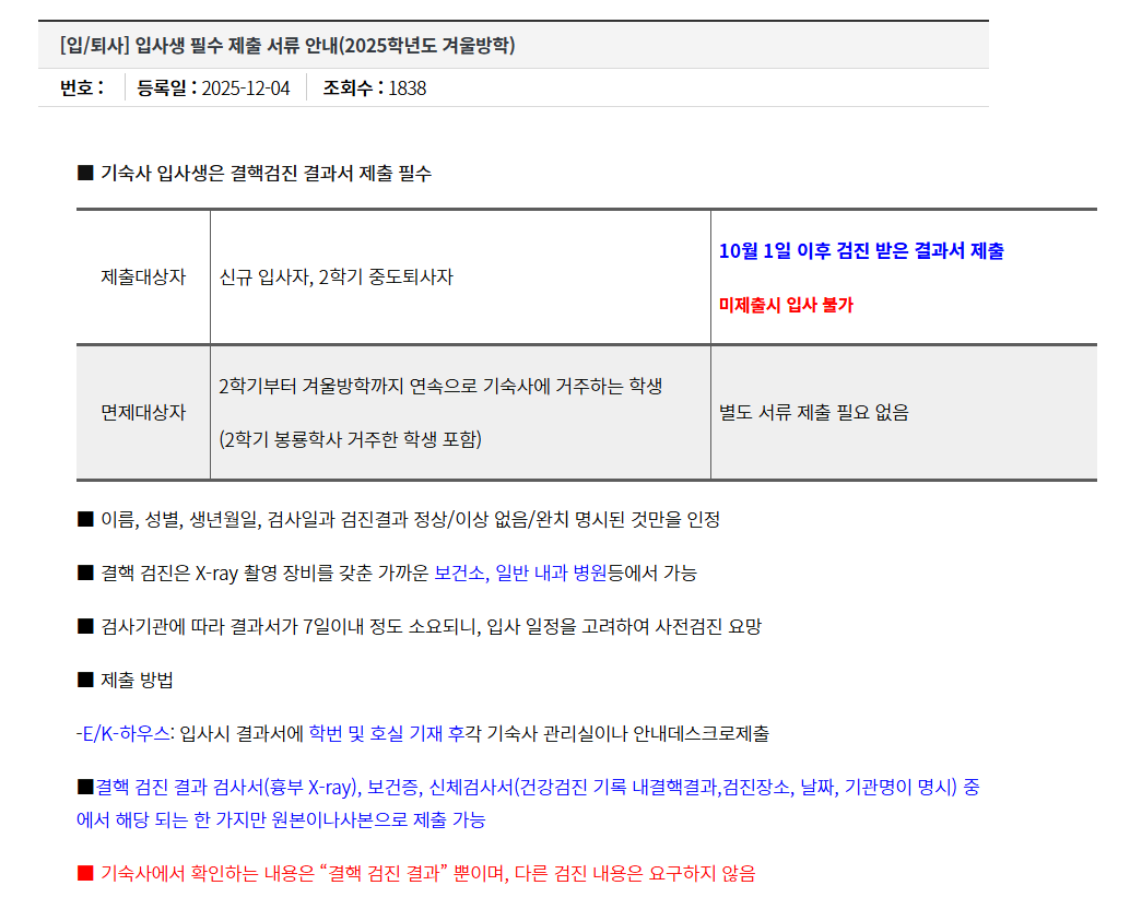 기자가 재학중인 학교의 기숙사 입사생은 결핵검진 결과서를 필수로 제출해야 한다.