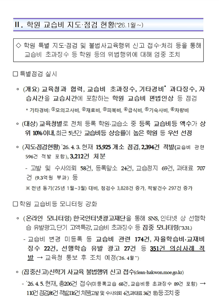(사진03 - 교육부에서 발표한 '학원 교습비 관리 강화 방안')