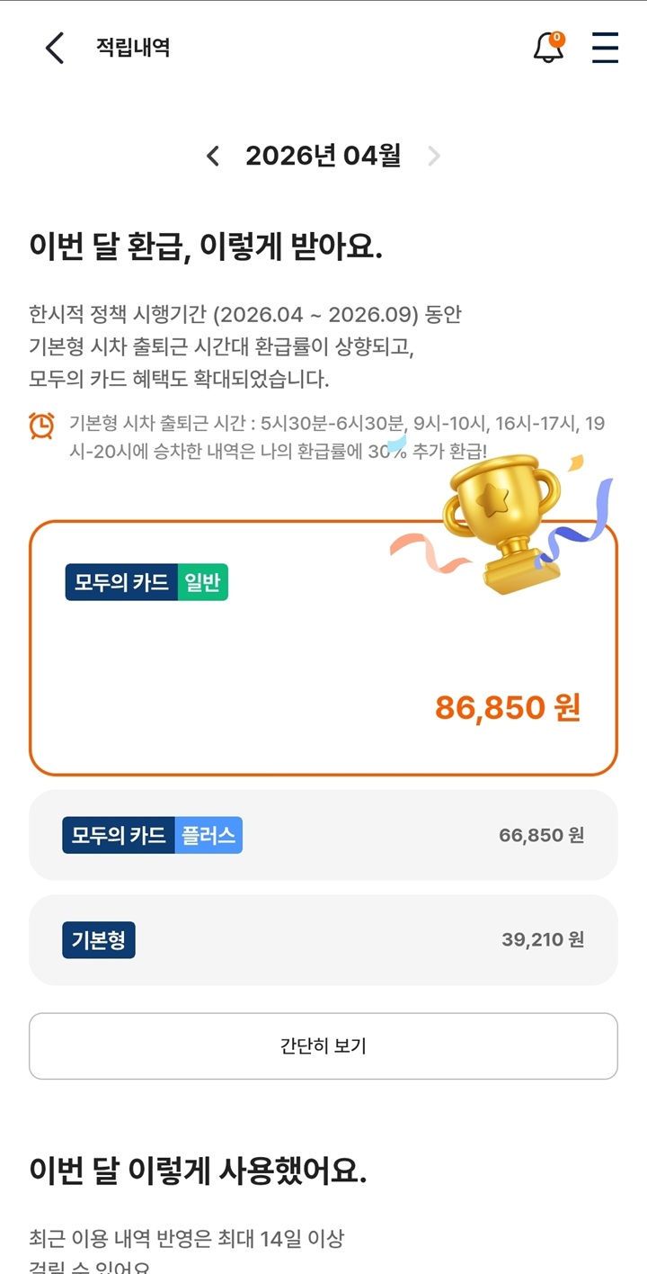대중교통 이용으로 달성한 86,850원 환급 예정 화면