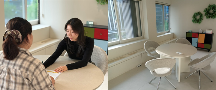 (좌) 전문 상담사가 중독 예방과 치료에 대해서 설명하는 모습 (우) 따뜻한 인테리어로 방문객들의 마음을 편안하게 해준다.