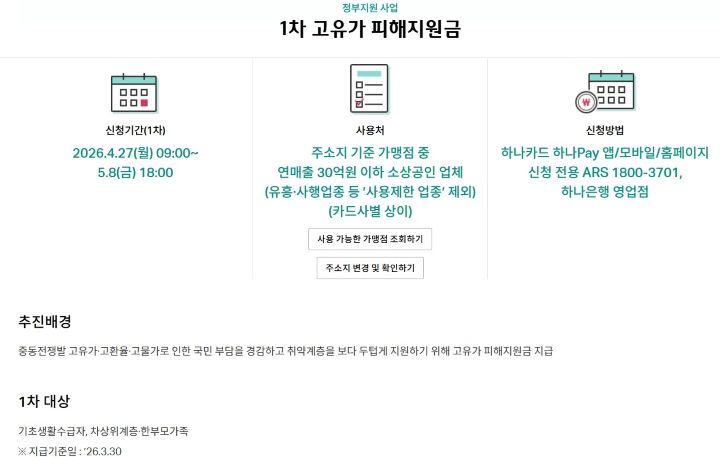 주로 사용하는 카드사 중 한 곳에서 1차 지원금 신청을 마쳤다. 1차는 대상자가 명확하게 확보된 수급자, 차상위계층, 한부모가정을 대상으로 진행 중이다.(출처=하나카드 고유가 지원금 페이지)