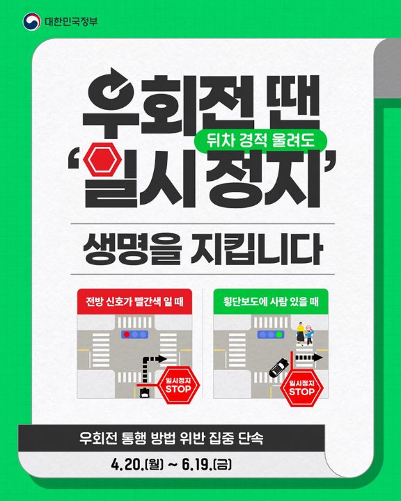 우회전 일시정지 위반 집중단속이 진행중이다. 단속 기간은 4.20일부터 6.19일까지로 약 2달간 진행한다. 경찰청은 전국 주요 교차로 및 사고다발 지역을 중심으로 단속을 진행중이라고 밝혔다(이미지 출처=문화체육관관광부 국민소통실)