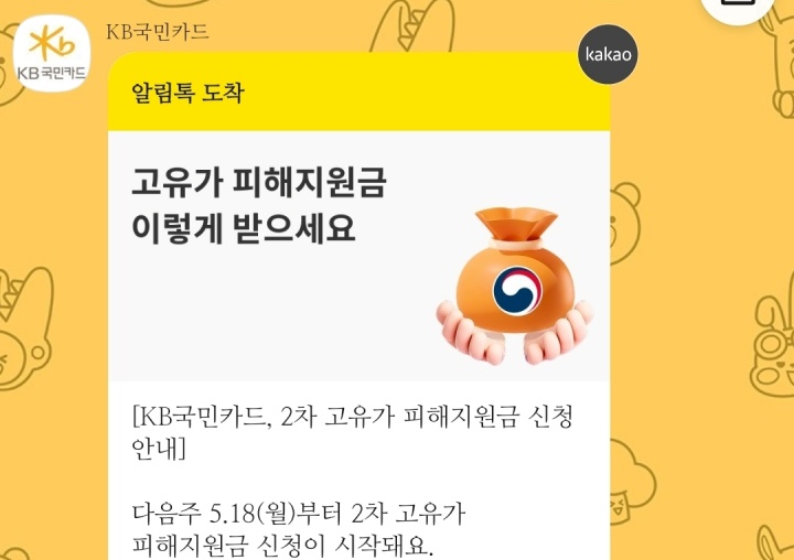 주로 사용하는 카드사의 알림톡으로 2차 고유가 피해지원금 지급 안내가 왔다. (본인캡쳐)