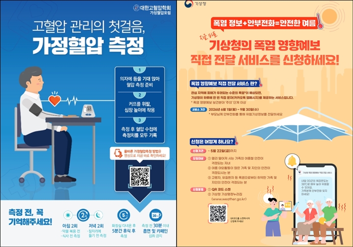 왼쪽)고혈압의 날을 맞아 가정혈압 측정을 권고하고 있다 (출처=질병관리청), 오른쪽) '폭염 영향예보 직접 전달 서비스'신청서비스 알림 포스터.(출처=기상청).
