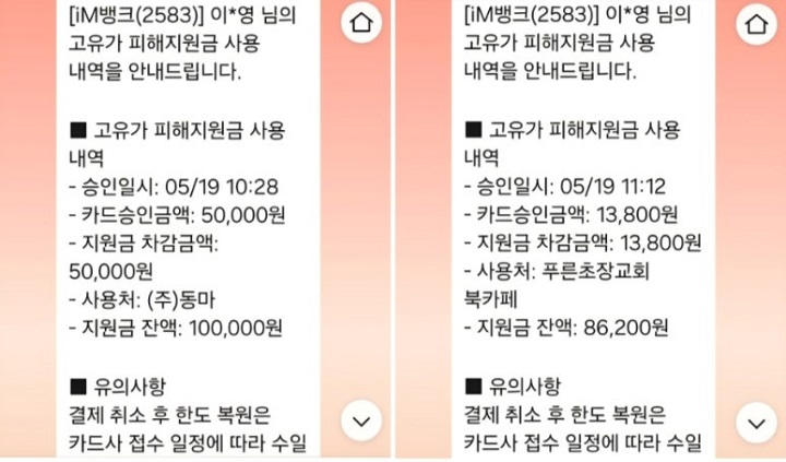 고유가피해지원금 사용 내역과 잔액이 카톡으로 온다. 페이북 캡처