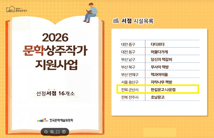 2026년 문학 상주작가 지원사업 전국 서점 16곳 선정(출처=문학상주작가 공식 블로그).