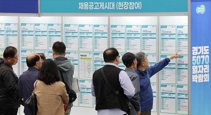경기도 일산 킨텍스 제2전시장에서 열린 '경기도 5070 일자리 박람회'를 방문한 구직자들이 구인공고를 살펴보고 있다.2025.10.14.(ⓒ뉴스1, 무단 전재-재배포 금지)