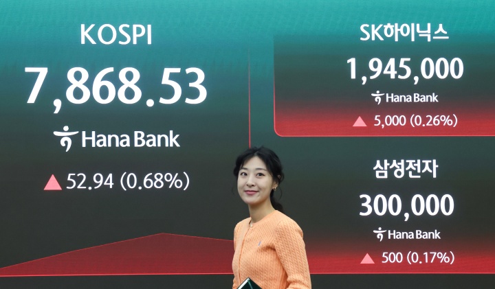 삼성전자 주가가 30만원을 돌파한 22일 오전 서울 중구 하나은행 본점 딜링룸 전광판에 코스피 지수와 SK하이닉스, 삼성전자 주가가 표시되고 있다. 2026.5.22 (ⓒ뉴스1, 무단 전재-재배포 금지)