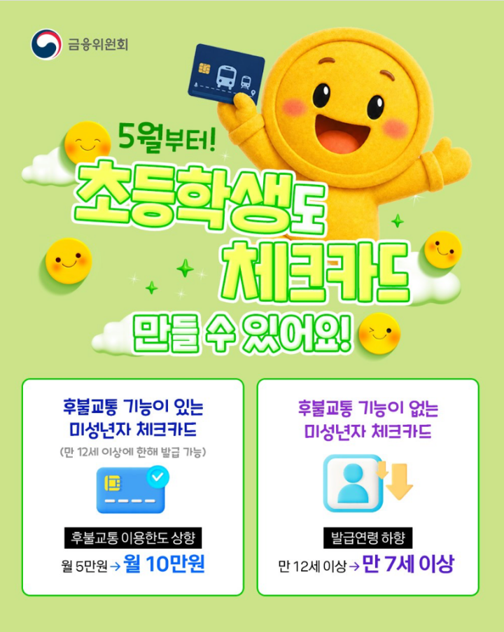 5월부터 만 7세 이상 초등학생에 대한 체크카드를 만들 수 있게 되었다. (출처: 금융위원회)