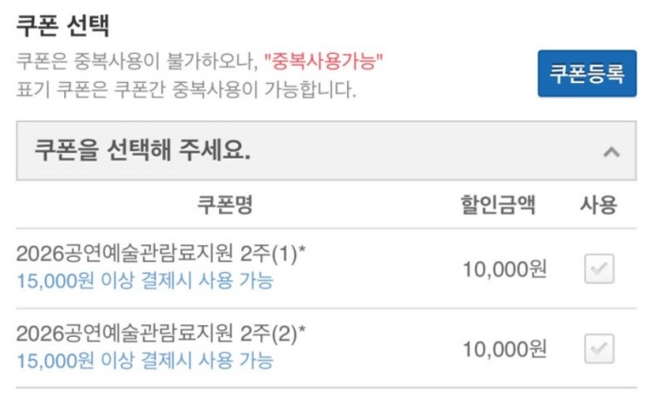 최종 결제 전에 공연예술 관람료 지원 쿠폰을 선택해야 한다.
