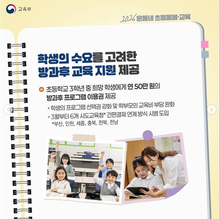 초등학교 3학년 학생의 수요를 고려한 방과 후 교육 지원이 이루어진다. 연 50만 원까지 무상으로 방과 후 활동에 참여할 수 있도록 지원한다. (교육부)