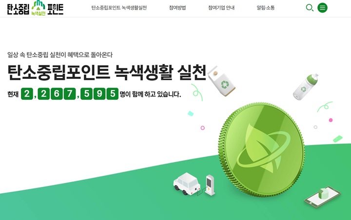 약 226만 명의 국민이 동참하고 있는 탄소중립포인트 녹색생활 실천 제도 메인 누리집 화면 (탄소중립포인트)