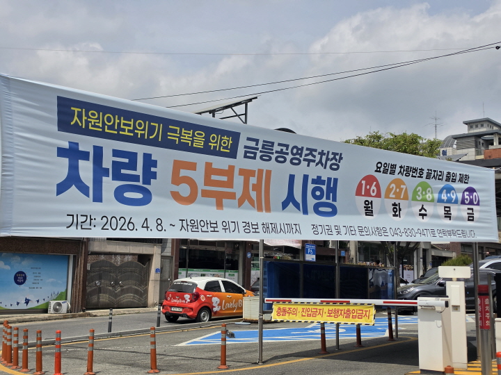 공영주차장에 걸린 5부제 시행 현수막.