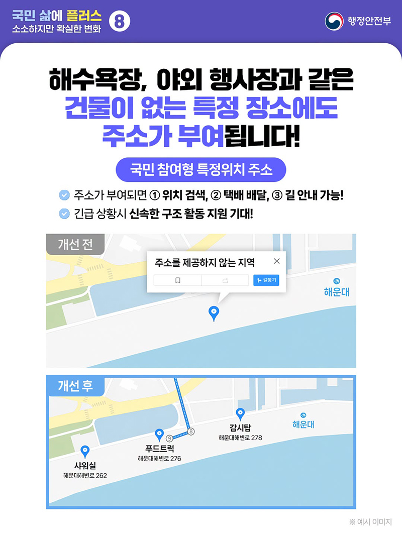 해수욕장, 야외 행사장과 같은 건물이 없는 특정 장소에도 주소가 부여됩니다! 하단내용 참조