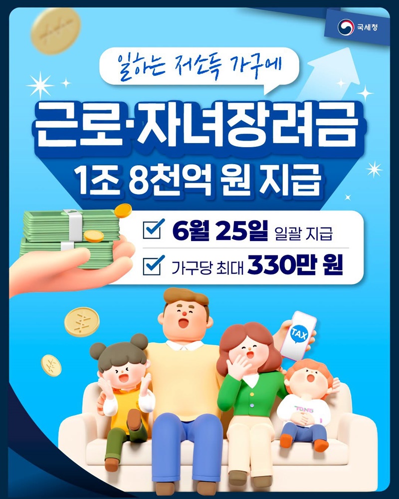 일하는 저소득 가구에 근로&middot;자녀장려금 1조 8천억 원 지급 하단내용 참조