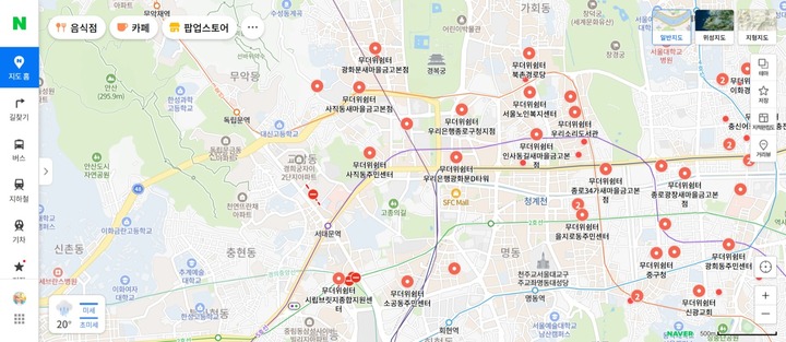 지도앱 '무더위쉼터' 검색 결과(네이버지도 앱)