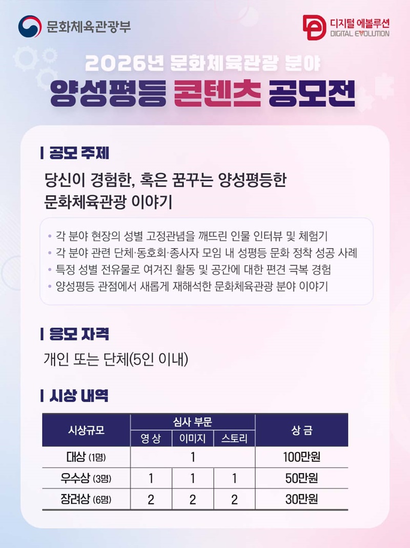 2026년 문화체육관광 분야 양성평등 콘텐츠 공모전