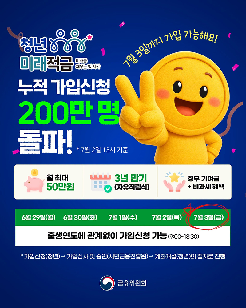 '청년 미래적금' 누적 가입신청 200만 명 돌파! 하단내용 참조