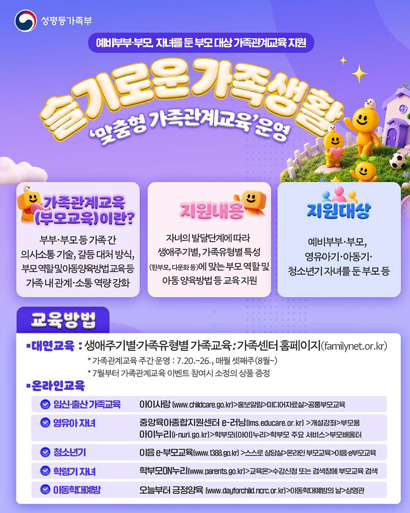 슬기로운 가족생활 '맞춤형 가족관계교육' 운영 하단내용 참조
