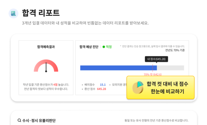 내가 지원하고자 하는 대학의 3개년 입결 데이터를 통해 나의 '합격컷'을 진단해준다. (출처: EBSi)