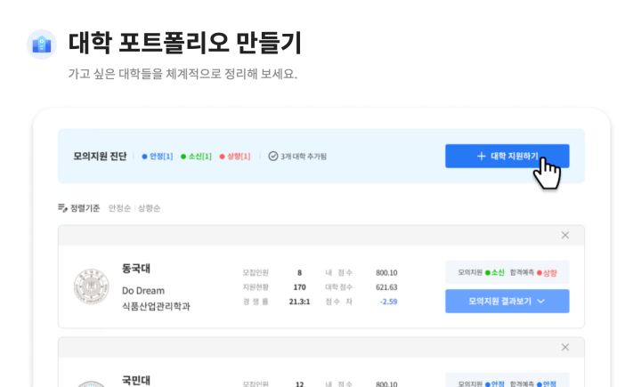 '대학 포트폴리오 만들기' 서비스를 통해 나의 지원 대학을 정리하고 경쟁 지원자 현황을 알아볼 수 있다. (출처:EBSi)