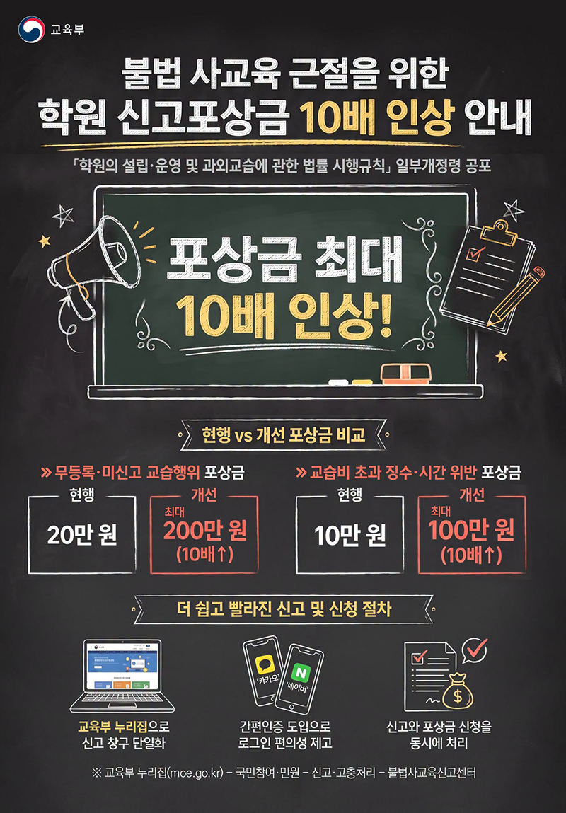 불법 사교육 근절을 위한 학원 신고포상금 10배 인상 안내 하단내용 참조