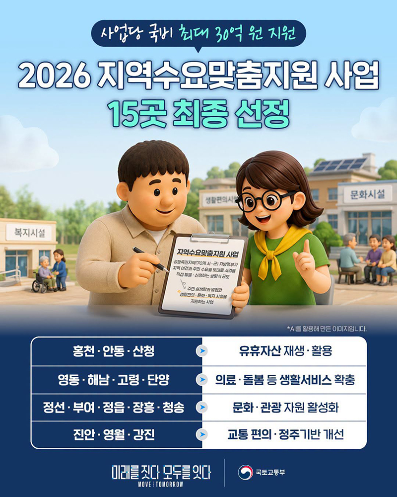 2026 지역수요맞춤지원 사업 15곳 최종 선정 하단내용 참조