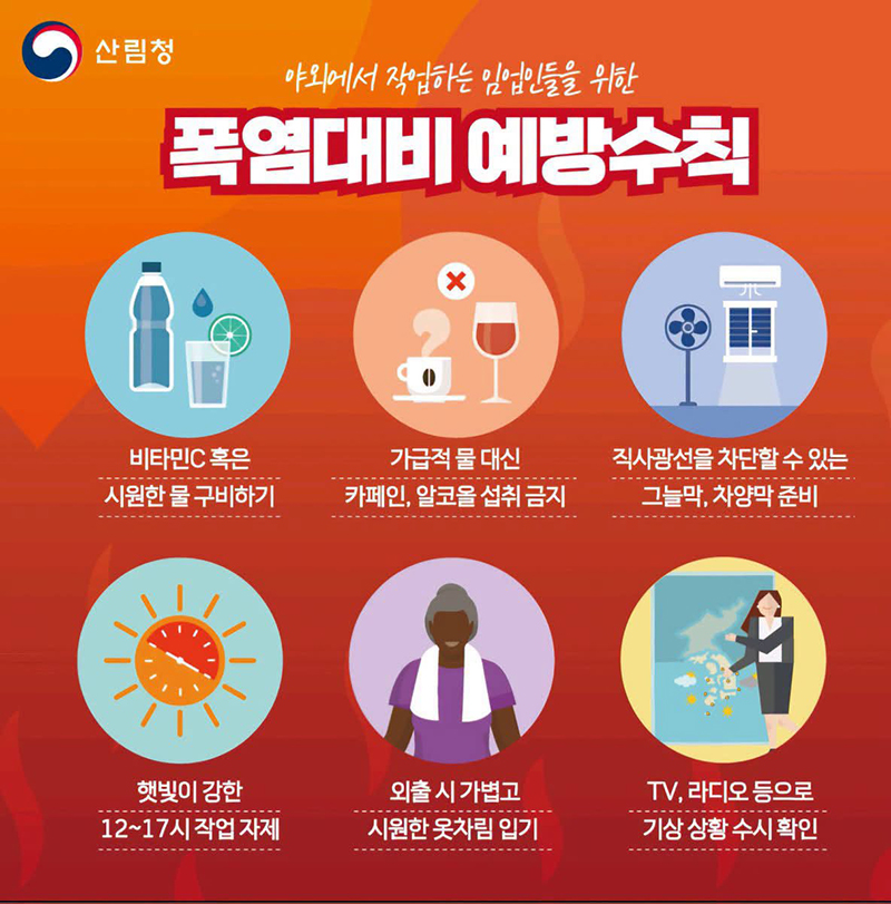 야외에서 작업하는 임업인들을 위한 폭염대비 예방수칙 하단내용 참조