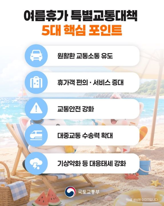 이번 여름휴가철을 맞아 교통대책이 가동되고 있다. 오는 8월 10일까지 정부는 다섯 가지 핵심 대책에 맞춰 국민의 안전과 편의를 지원하고 있다(출처=국토교통부)