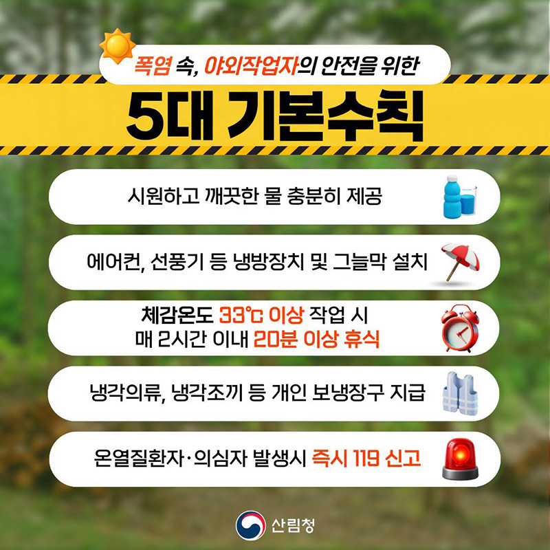 폭염 속, 야외작업자의 안전을 위한 5대 기본수칙 하단내용 참조