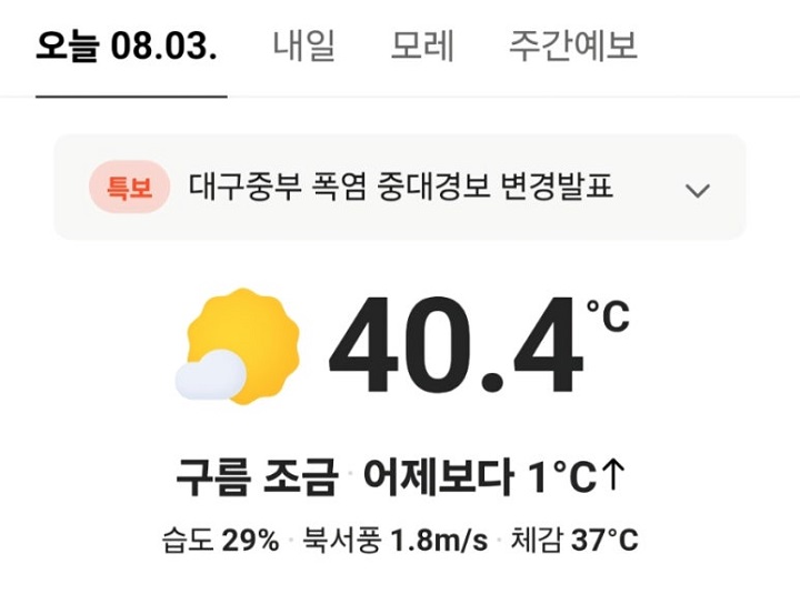 8월 3일 대구 날씨가 40.3도까지 올랐다. 출처. 다음 포털