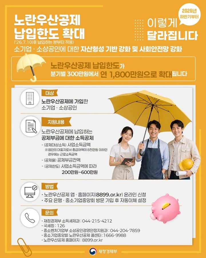 노란우산공제 납입한도 확대 상세 안내(재정경제부)