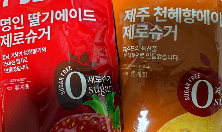 당류 0%를 강조한 제로슈거 에이드 패키지 전면.<본인 촬영>