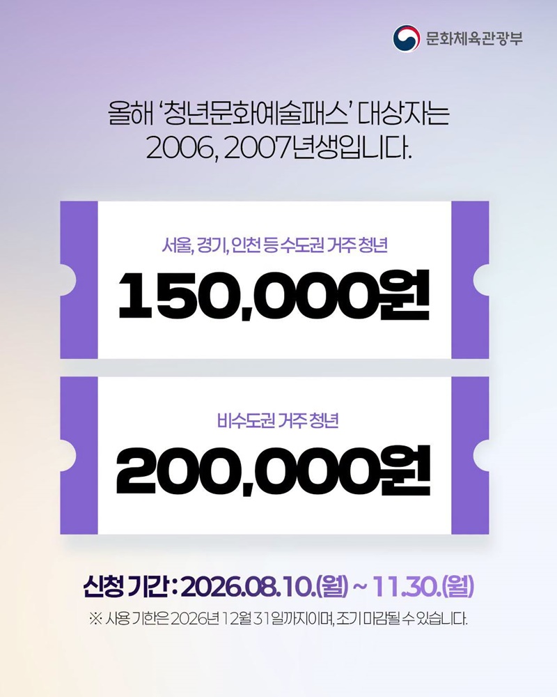 8월 10일부터 청년문화예술패스 추가 발급 받으세요!