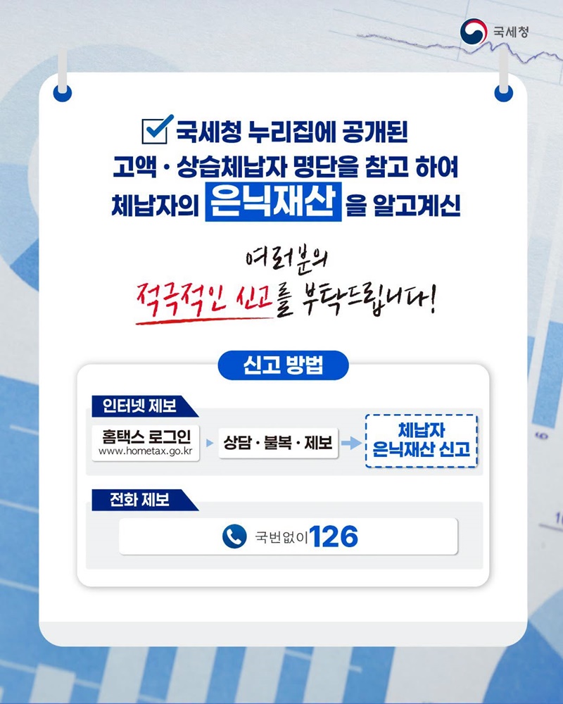 주위에 재산을 숨긴 체납자가 있다면 신고해주세요!