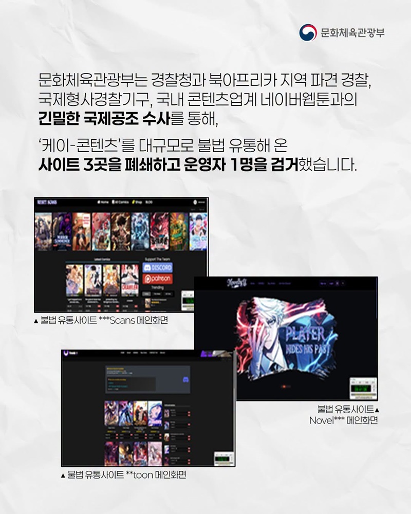 북아프리카 기반 케이-콘텐츠 1차 유포 불법 사이트 3곳 폐쇄