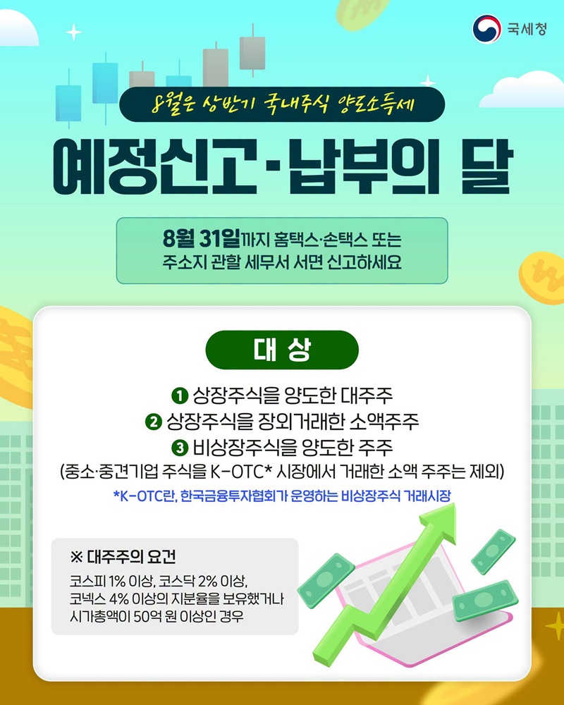 8월 31일까지 상반기 주식 양도소득세 예정신고·납부하세요
