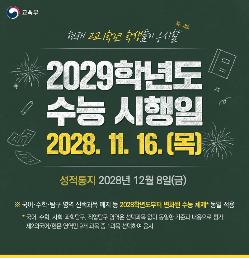 2029학년도 수능 시행일 2028.11.16.(목) 하단내용 참조