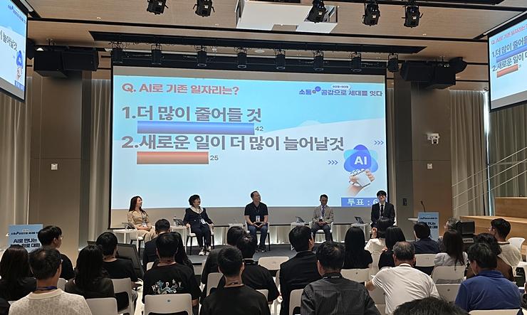 '직업의 미래에 미칠 AI의 영향'에 대해 참석자들이 투표한 결과가 무대 중앙 화면에 실시간 집계되어 표시되고 있다.(본인 촬영)