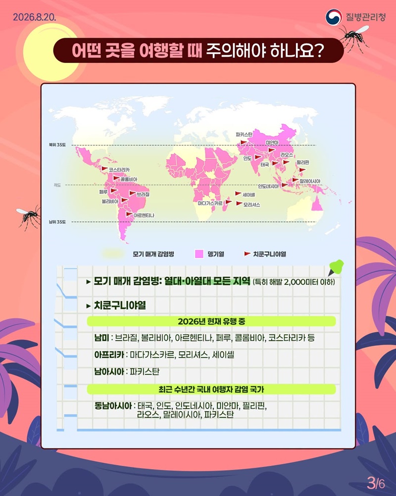 열대·아열대 지역 여행 시 모기 매개 감염병 주의