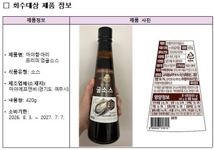 긴급 회수 조치 굴소스 (출처 : 식품의약품안전처)