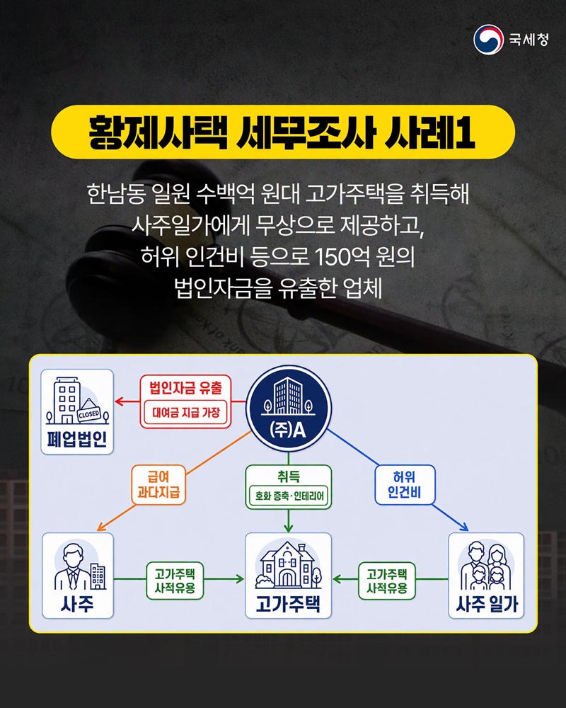 황제사택 법인 보유 고가 주택 사적 사용 세무조사 실시