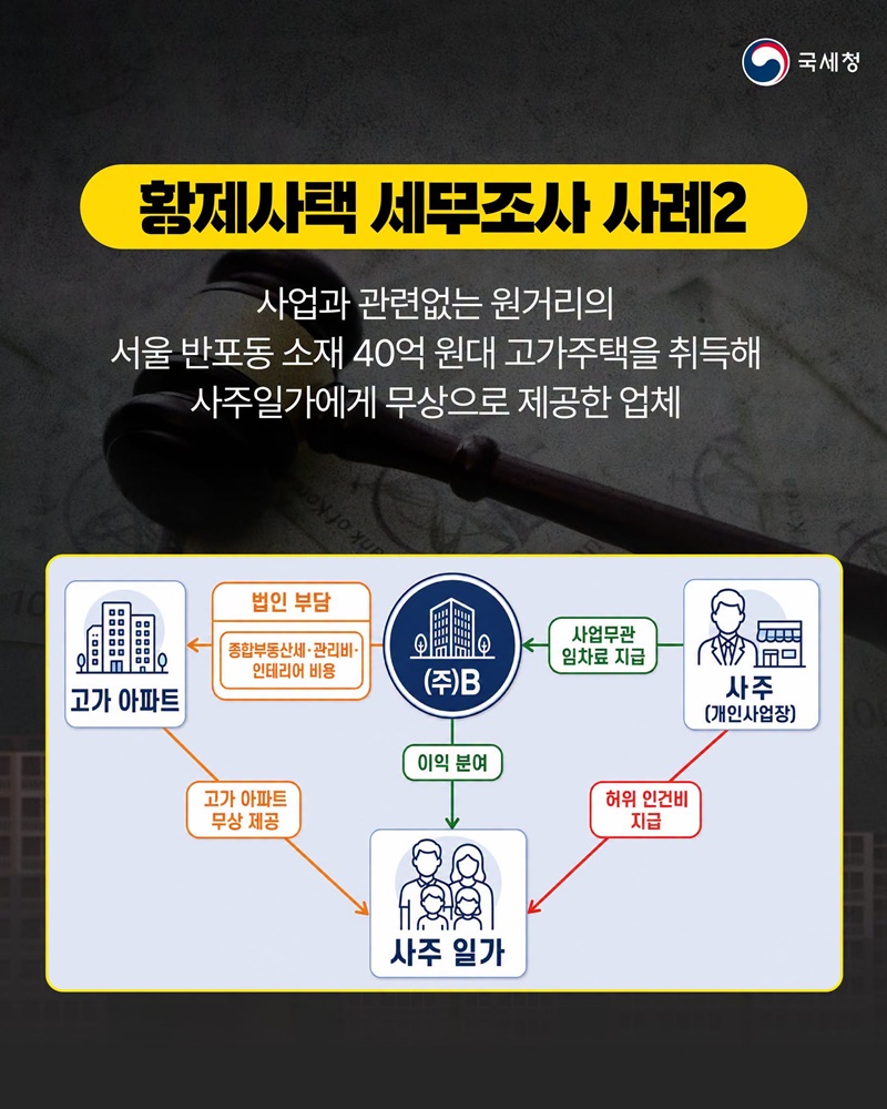 황제사택 법인 보유 고가 주택 사적 사용 세무조사 실시